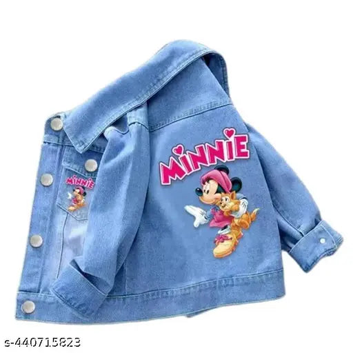 Denim minnie jacket for girls, long sleeves with printed pattern, size 2-3 years, Indian origin