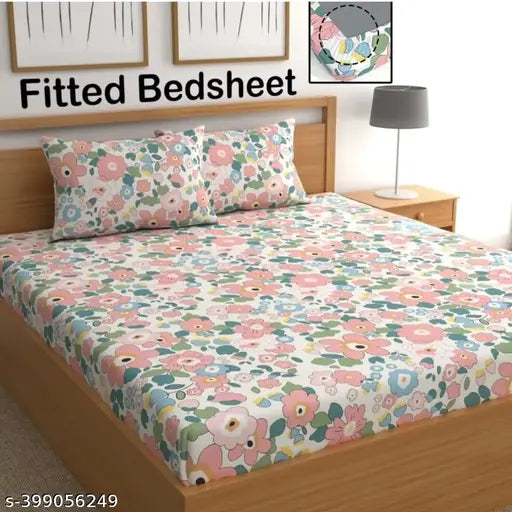 White cotton floral fitted bedsheets, double queen size for summer, Decent Home