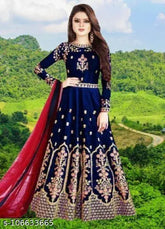 Blue taffeta silk embroidered net petite gown by Charvi for women, long sleeves, multiple sizes available (S-XXXL, 4XL, Free Size)