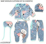 newborn winter wear set: Silk blend, 5-piece outfit (bib, pajamas, top, cap), printed net design for babies 0-3 months