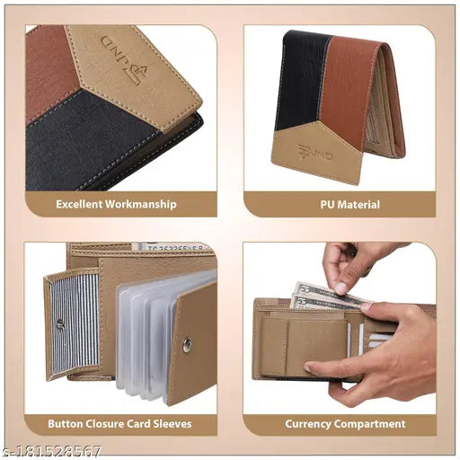 Faux leather tri-color wallet for men, ideal for daily essentials storage