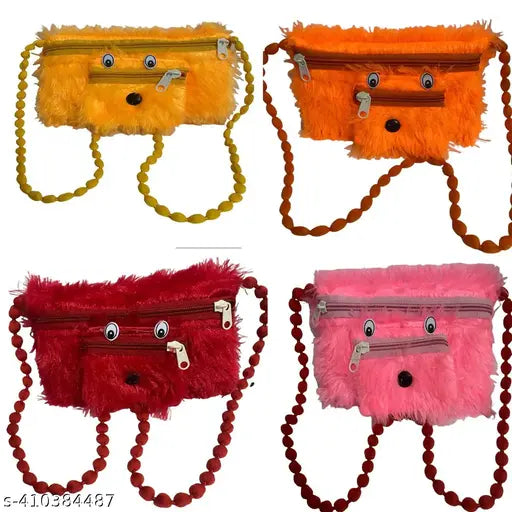 Four mini artificial fur handbags for kids, polyester cross-body bags with adjustable straps and zipper closure. Combo pack ideal for daily use, school, shopping, travel, or gifts. Indian origin