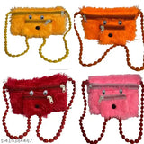 Four mini artificial fur handbags for kids, polyester cross-body bags with adjustable straps and zipper closure. Combo pack ideal for daily use, school, shopping, travel, or gifts. Indian origin