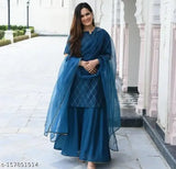 Attractive checkered cotton kurta sharara set with net dupatta, single size S-XXL