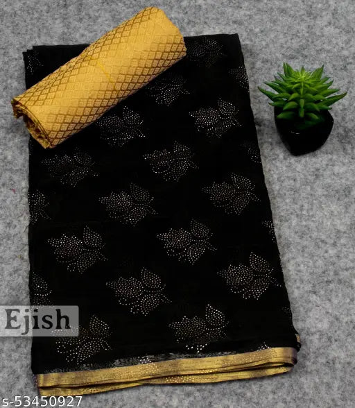 Chiffon saree, Indian-origin, printed with zari woven net and jacquard pattern, free size (length 5.5m, blouse 0.8m)