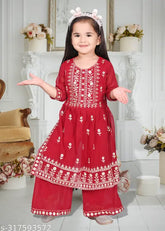 Modern girls georgette A-line kurta and palazzos set, embellished, three-quarter sleeves. High quality clothing for infants to 4 years old, originated in India