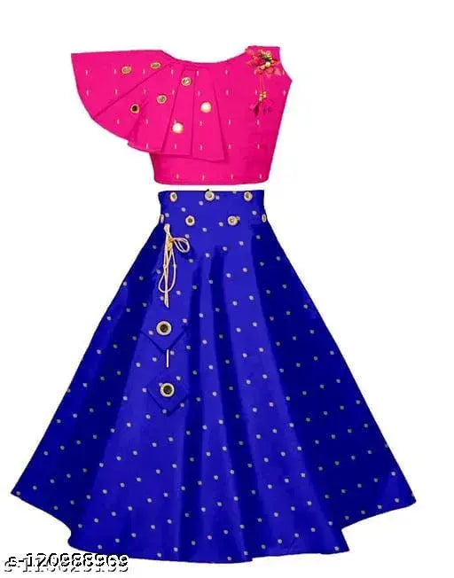 Embroidered cotton-blend lehenga choli party set with crop top, vibrant and intricate mirror work design, perfect for little girls' festive occasions