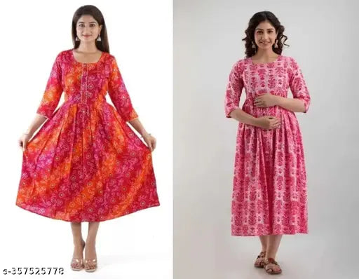 Rayon Anarkali Maternity Kurti Dress with Zipper, pink-blue color combo for pre & post pregnancy