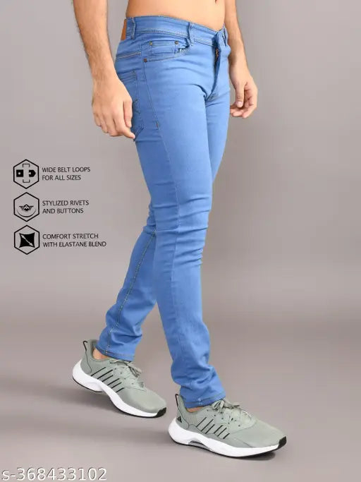 Stylish Latest Denim Men's Jeans - Solid cotton jeans with regular fit, mid-rise design. Available sizes: 28, 30, 32, 34, 36, 38, 40, 42, 40 (inches). Indian origin