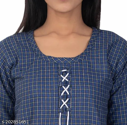 Dark Blue Wool Three-Quarter Sleeve Checked Kurti for Women and Girls - Indian Ethnic Top Wear