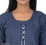 Dark Blue Wool Three-Quarter Sleeve Checked Kurti for Women and Girls - Indian Ethnic Top Wear