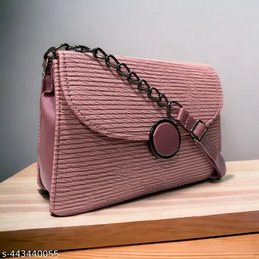 Mozi pink stylish slingbag, fabric, 2 compartments, self-design, durable mixed chain strap, free size (8in x 6in x 3in), India origin