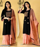 Rayon Reshma Kurta Set with Sharara bottoms, embroidered net dupatta, three-quarter sleeves. Indian ethnic wear set in rayon fabric