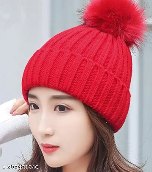 Women's woolen beanie with fur pom-pom, snow-proof and warm for winter, made in India