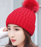 Women's woolen beanie with fur pom-pom, snow-proof and warm for winter, made in India
