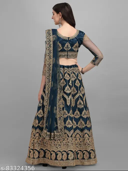 Embroidered women's semi-stitched Lehenga Choli set in soft net fabric with heavy Kali work and stone accents, free size (44m waist, 44m length), Patlani style from India