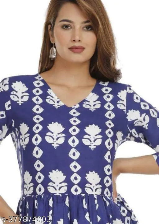 Blue rayon floral printed Anarkali kurti for women, elegant three-quarter sleeves