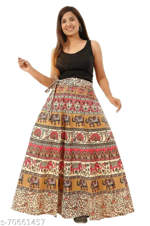 Cotton blend printed net wrap skirt, free size waist 36in, length 39in. Indian ethnic fashion accessory