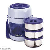 Dark Blue Stainless Steel Trueware lunch box with 3 containers, microwave-friendly for convenient meal storage