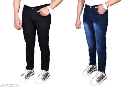 Attractive denim jeans for men's pack of 2, solid navy blue denim pants, two pieces of size 30x42in and 32x42in, Indian-made men's casual wear