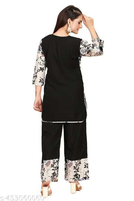 Printed net crepe kurta sets in sizes 3XL to 6XL, featuring palazzo bottoms and three-quarter sleeves. Made from Indian fabric
