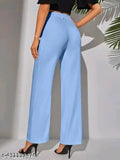 Solid net cotton blend Bell Bottom women's trousers with elastic waist, stretchy fit, and front seam detail, perfect for office or casual wear. Made in India
