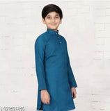 Blue cotton mini kurta for boys, solid pattern, long sleeves, sizes range from 4-5 to 15-16 years