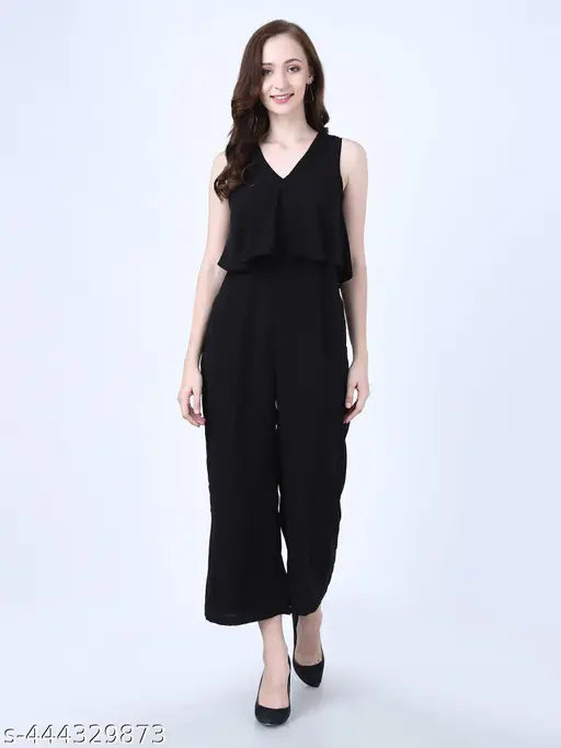 Black cotton-blend jumpsuit, full-length, sleeveless, regular fit for women & girls. Stylish solid color design with V-neck, two side pockets, and stripe pattern. Perfect for various occasions like homewear, school, shopping, beach, vacation, or indoor/outdoor activities. Origin: India