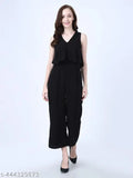 Black cotton-blend jumpsuit, full-length, sleeveless, regular fit for women & girls. Stylish solid color design with V-neck, two side pockets, and stripe pattern. Perfect for various occasions like homewear, school, shopping, beach, vacation, or indoor/outdoor activities. Origin: India
