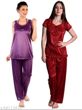 Purple-Maroon satin pyjama set (2 combos), comfortable and chic women's nightdress by Nightdoll