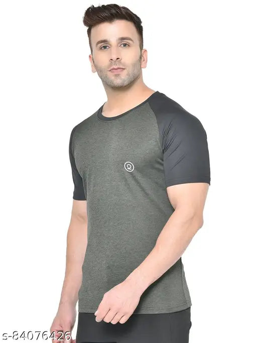 Grey printed active t-shirt for men by Chkokko, featuring short sleeves and a 100% polyester construction with double stitching at borders. Comes in size XL (chest size 42 in, length size 30 in), made in India