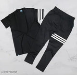 Grey nightsuit for women, men, and unisex - striped polyester t-shirt pyjama set with short sleeves, made in India