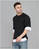 Black cotton blend oversized trendy mens t-shirt with printed graphics, three-quarter sleeves. Men's fashionable chiness t-shirt from India