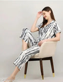 White-and-black printed cotton nightdress set for women's summer sleepwear, featuring elastic waist and drawstring. Indian crafted satin fabric nightsuit