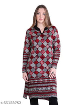 Red wool A-line printed kurti, long sleeves, women's fashion in Montrex designwear, handcrafted in India