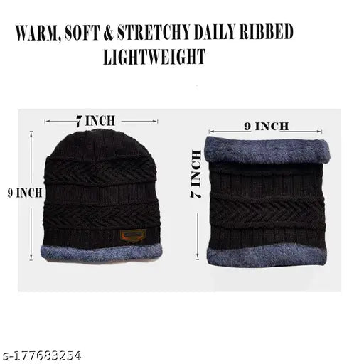 Brown wool-blend beanie cap with fur lining & matching scarf - Warm, soft & snow/air proof for winter wear (Fleece knit)
