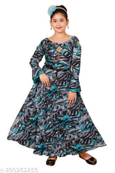 Stylish cotton blend Janglee printed maxi dress with full sleeves, round neck for girls (4-5 years)