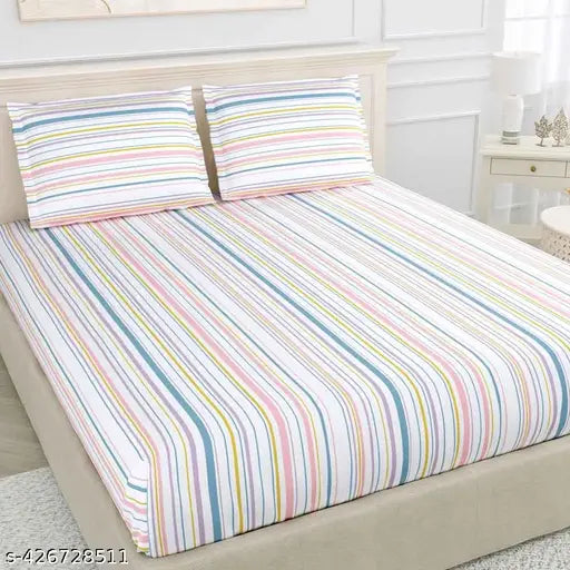 Blue & Yellow Striped Cotton Flat Sheet Set - Haus & Kinder 100% Cotton, King Size, Includes 2 Pillow Covers for All-Season Use