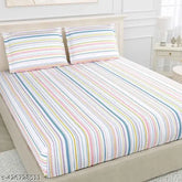 Blue & Yellow Striped Cotton Flat Sheet Set - Haus & Kinder 100% Cotton, King Size, Includes 2 Pillow Covers for All-Season Use