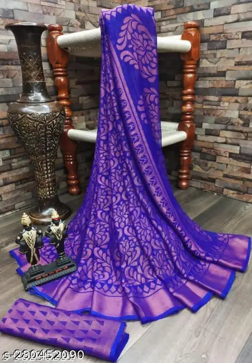 Vibrant Sangini chiffon brasso saree with zari woven ethnic motif print, perfect for festivals or daily wear. Indian designer saree." (124 characters)