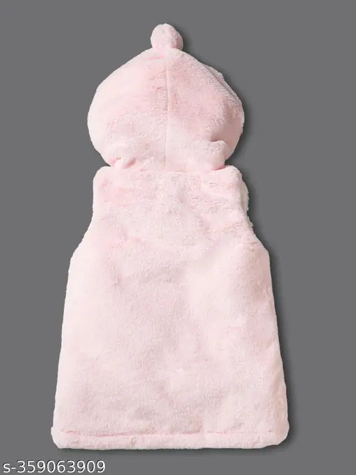 Baby Girls Bow Hooded Winter-Pink wool outfit with short sleeves, solid pattern design. Soft, cozy, and suitable for any event or mood. Available sizes: 3-6M (Chest 11in, Length 15in, Waist 12in), 6-12M (Chest 12in, Length 16in, Waist 14in), etc., up to 2-3Y. Made in India
