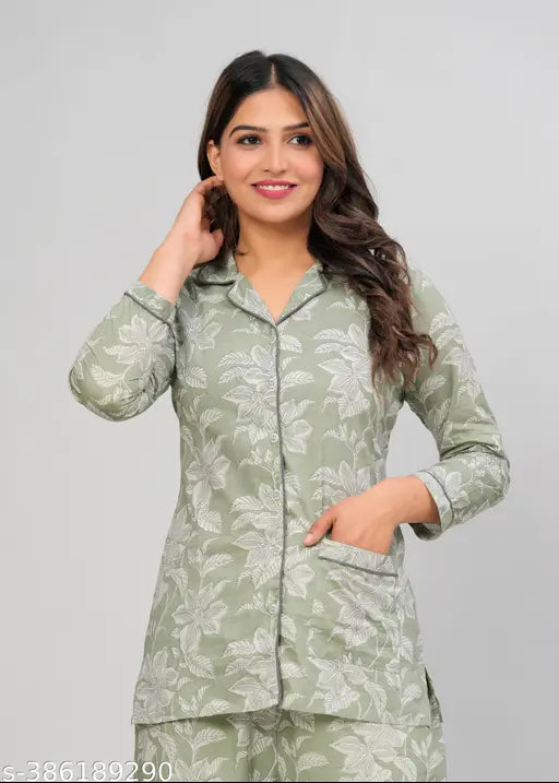 Women's cotton flowers printed night suit set with three-quarter sleeves, available in XXL, XXXL, 4XL, and 5XL sizes
