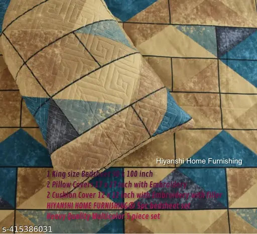 Multicolor embroidered cotton bedsheet set (90x100 King, 17x27 pillow covers, 12x12 cushion), stain-resistant and breathable for summer comfort