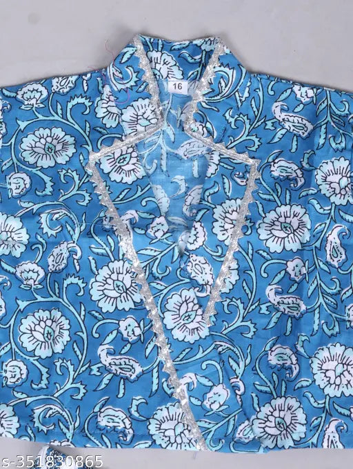 Blue cotton floral printed top & sharara set for kids girls (India)