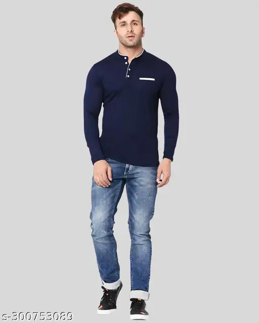 Indian-made, lightweight cotton blend men's Henley full sleeve t-shirt in solid design