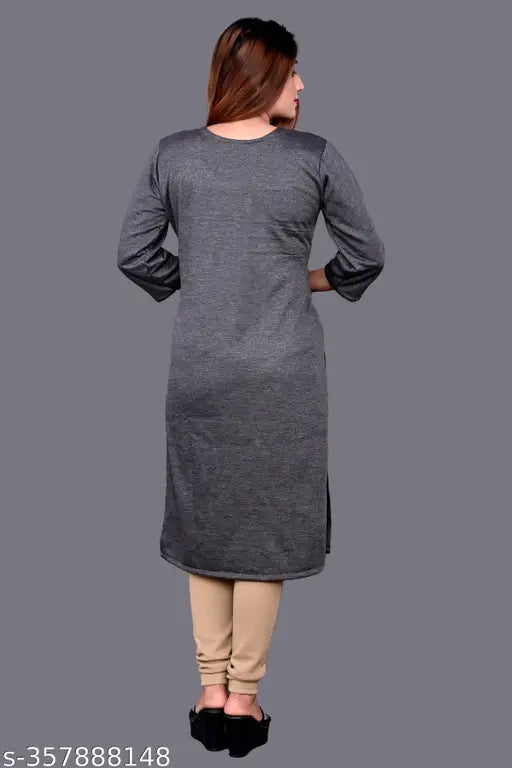 Embroidered wool Women's casual kurti, three-quarter sleeves. M (Bust 40in, Length 42in), L (Bust 42in, Length 42in), XL (Bust 44in, Length 42in). India origin