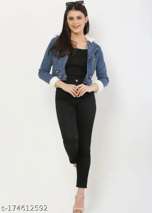 Denim, long-sleeved, solid net patch jacket - XS (Bust 32in, Length 24in), made in India