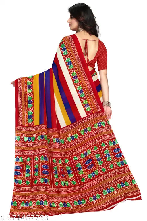 Striped Georgette Printed Fancy Saree with contrasting running blouse, free size, ideal for daily wear