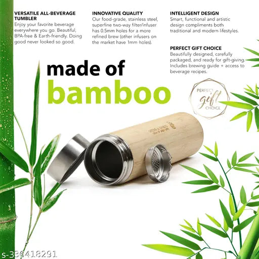 Brown stainless steel Greens and Bamboo double-wall vacuum insulated bottle, 450ml for hot or cold beverages