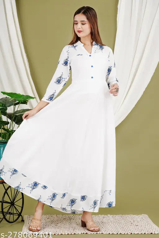 White Anarkali Kurta, Rayon, three-quarter sleeves, intricately printed, Indian traditional wear for women